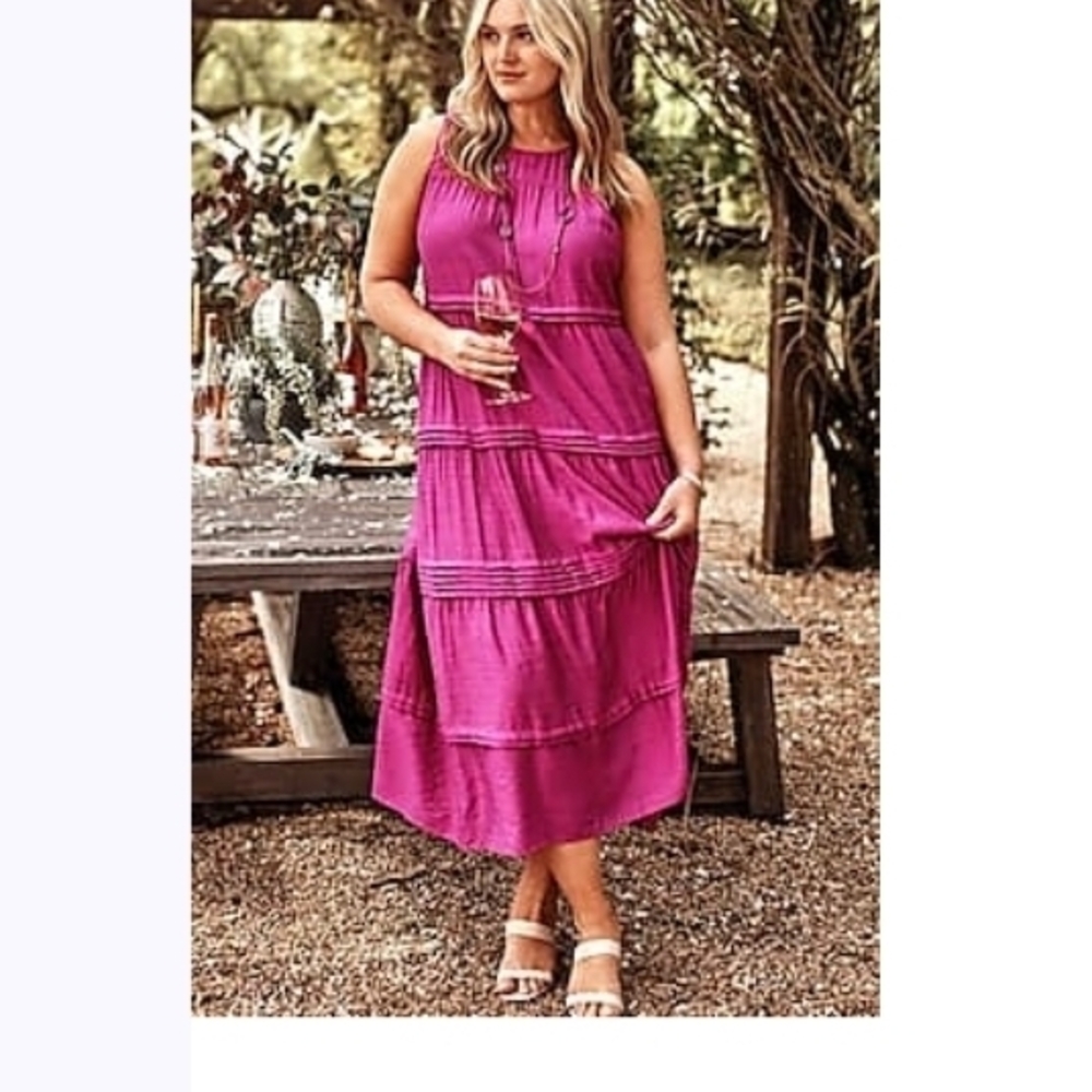 J. Jill Pleated Tiers Maxi Dress in Raspberry Crush Size Small